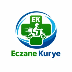 Eczane Kurye hızlı ilaç teslimat hizmeti logosu, eczane haçı ve motosikletli kurye simgesi